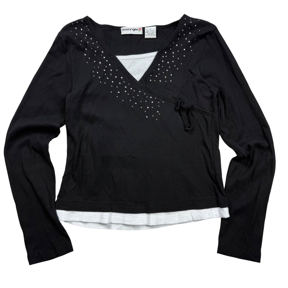 VTG Y2K Energie Black Layered Wrap Top Rhinestone Studded Long Sleeve M Coquette